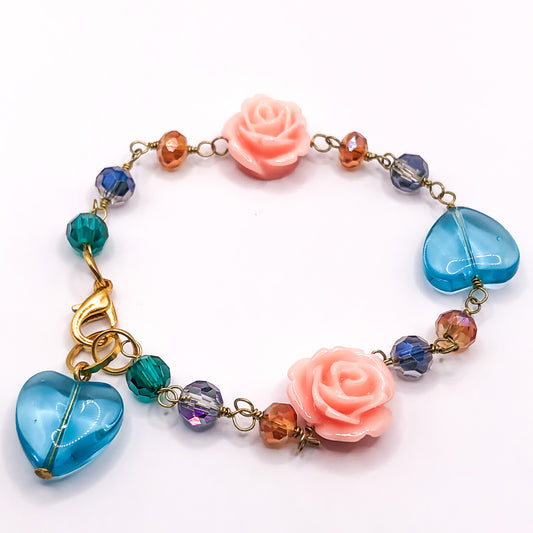 Flower and blue heart of glass bracelet